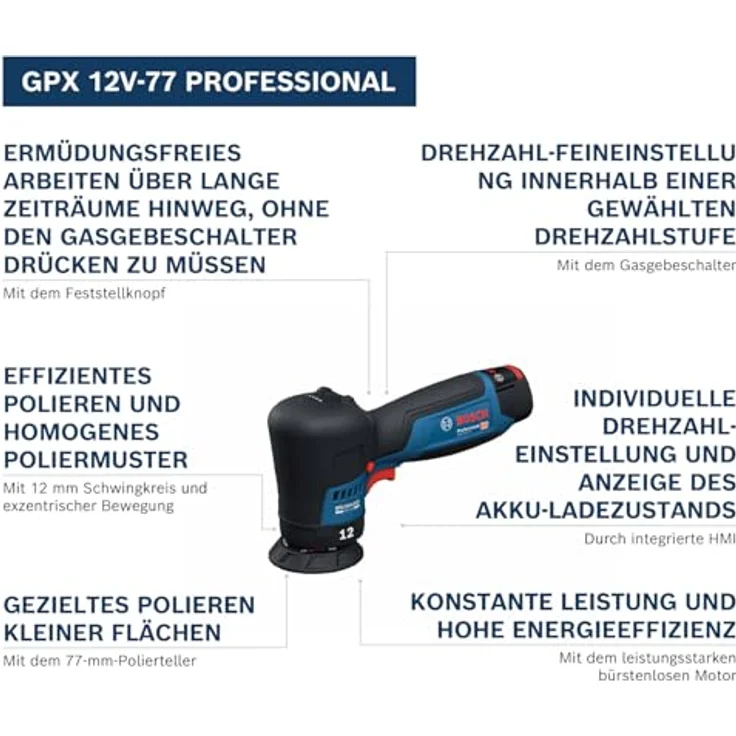 Bosch Professional GPX 12V-77, Akku-Polierer mit 77 mm Klett-Stützteller und Polier-/Scheuerschwamm, bürstenloser Motor, variable Drehzahl – Bild 3