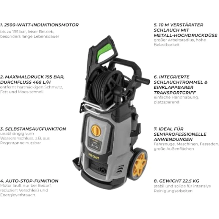 Procraft CW2.5/195 Hochdruckreiniger 2500 Watt, 195 bar, 7,8 l/min, inkl. Zubehörsatz und Turbo-Düse – Bild 6