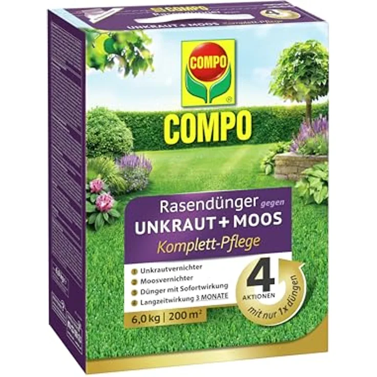 Compo Rasendünger gegen Unkraut + Moos Komplett-Pflege - Optimaler Langzeitschutz - 6 kg für 200 m²