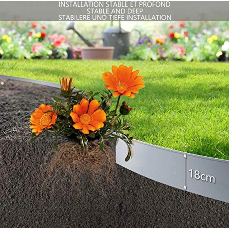 VOUNOT® Rasenkante Metall 10m, verzinkte Beeteinfassung mit 10 Stück à 100cm Länge und 18cm Höhe, langlebig und flexibel – Bild 5