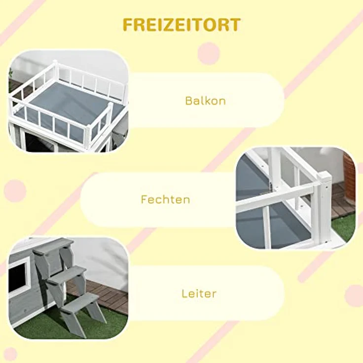 PawHut Hundehütte Hundehaus mit Balkon, Erhöhtes Kleintierhaus mit Treppe, Fenster, Hundehöhle für Mittele, Große Hunde, Tannenholz, Hellgrau, 121 x 77 x 78 cm – Bild 5