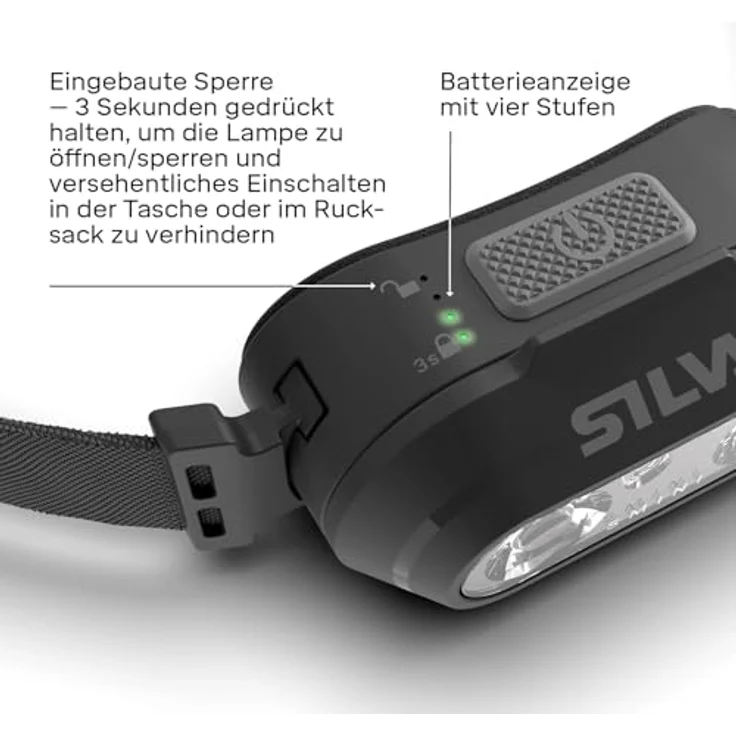 Silva Smini, Wiederaufladbare USB C Stirnlampe mit 250 Lumen, 3 Helligkeitsstufen, Rotlicht, IPX5 wasserdicht, Gewicht 53g – Bild 3
