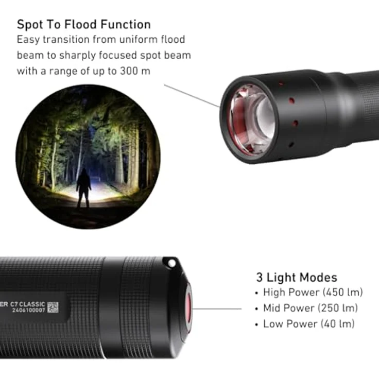 Ledlenser C7 Classic LED Taschenlampe, batteriebetrieben, 450 lm, 25 h, schwarz – Bild 2