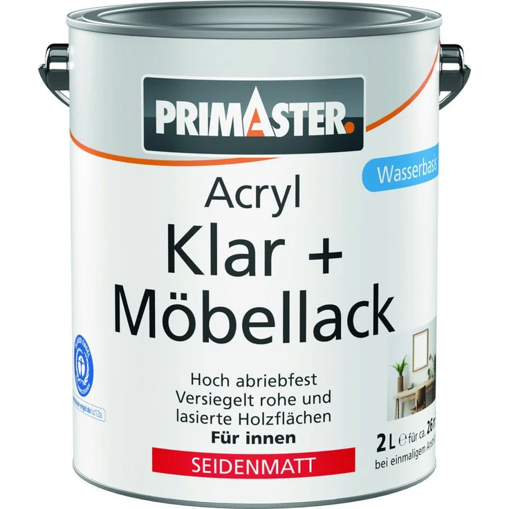 Primaster Acryl-Buntlack Primaster Acryl Klar + Möbellack, seidenmatt, 2 L farblos, wasserbasiert für Innenbereiche