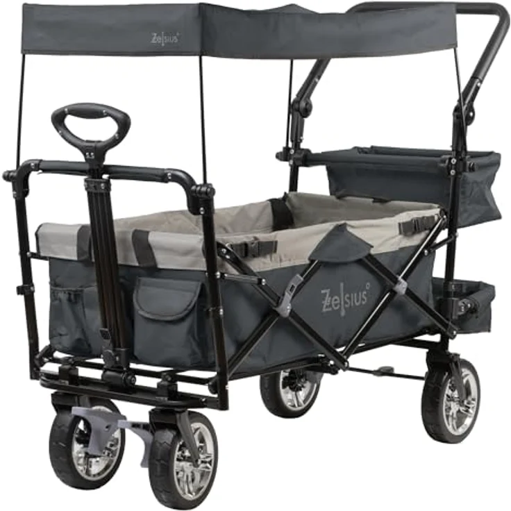 Zelsius Bollerwagen faltbar mit Dach, grau, Transportwagen mit Gurtsystem, 87,5 Liter Stauraum, 90 kg belastbar, abnehmbares Sonnendach – Bild 1
