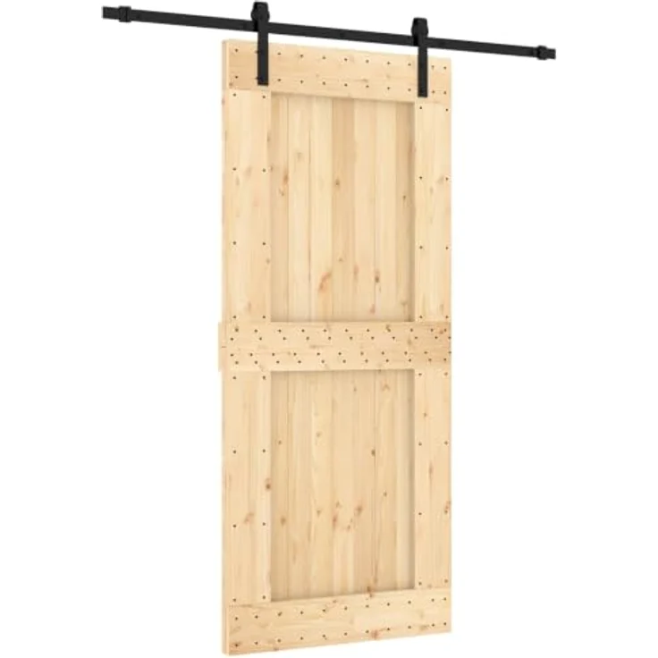 vidaXL Schiebetür 90 x 210 cm, Moderne Schiebetür aus Massivkiefer in Natürlich und Schwarz, Platzsparendes Design für Innenräume – Bild 1