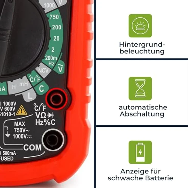 Velleman Digitalmultimeter VC 970, mit Data-Hold, berührungsloser Spannungserkennung, REL-Funktion, Temperaturmessung bis 1000°C, Hintergrundbeleuchtung – Bild 4