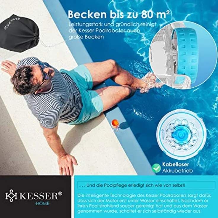 KESSER® Poolroboter Poolreiniger Akku Aqua-9000 inkl. Transporttasche Pool Roboter für bis 80m² Pools, Li-Ion Akku max. 75 min, Kabellos Poolsauger Bodenreinigung Vollautomatisch Bodensauger Türkis – Bild 3
