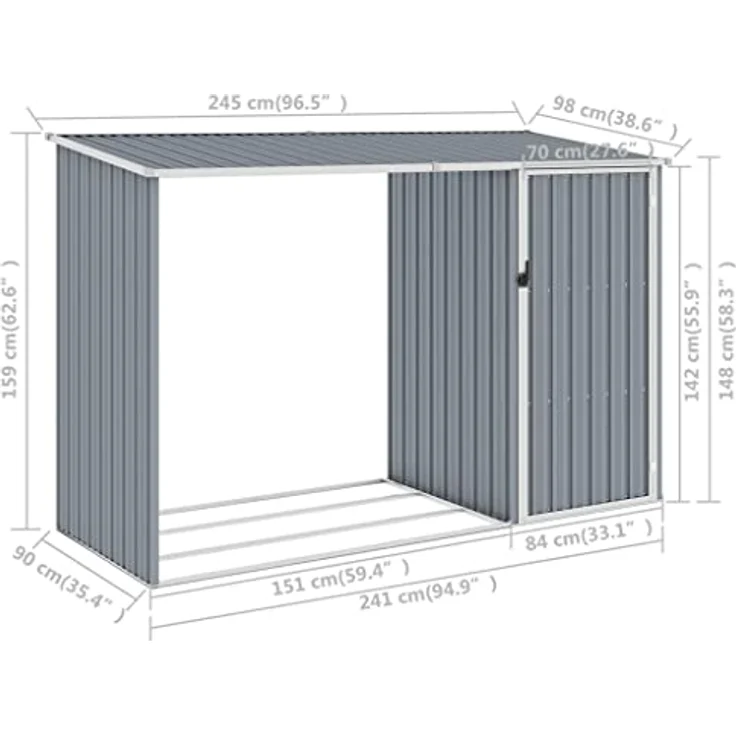 vidaXL Garten Brennholzlager Kaminholzunterstand Brennholzregal Unterstand Gerätehaus Gartenhaus Schuppen Grau 245x98x159cm Verzinkter Stahl – Bild 4