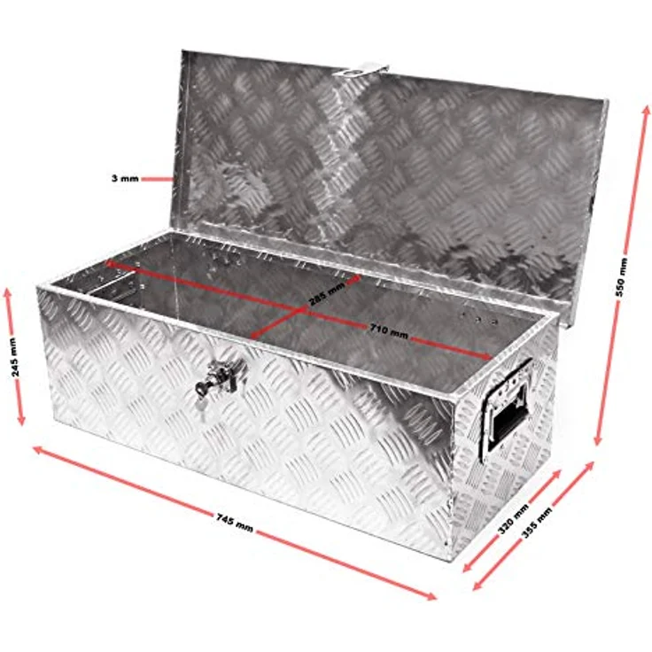 Wiltec Werkzeugbox Alu, 76x32x24,5 cm, silberne Transportbox mit Schlüssel und Haltegriffen, ideale Deichselbox für Werkzeuge – Bild 4