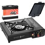 EVOCAMP Gaskocher 1-flammig mit Piezozündung, Campingkocher für Gaskartuschen MSF-1a, inklusive Grillplatte BBQ und Tragekoffer – ideal für Outdoor-Aktivitäten