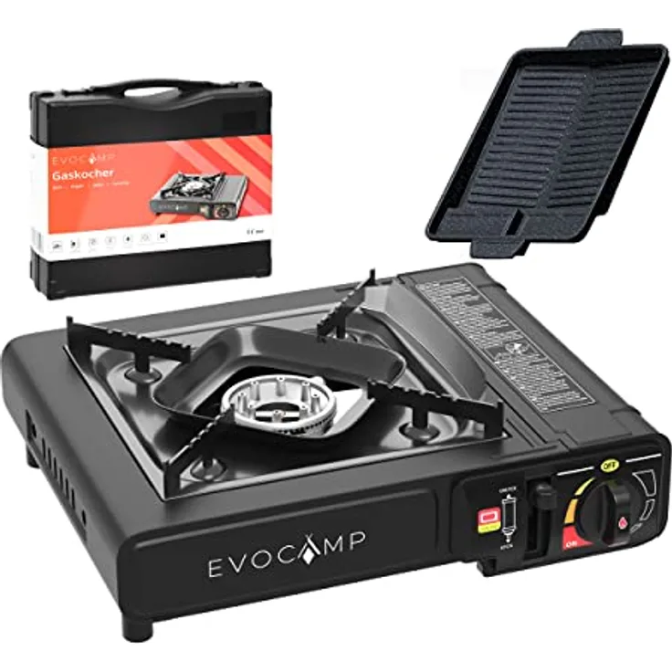 EVOCAMP Gaskocher 1-flammig mit Piezozündung, Campingkocher für Gaskartuschen MSF-1a, inklusive Grillplatte BBQ und Tragekoffer – ideal für Outdoor-Aktivitäten