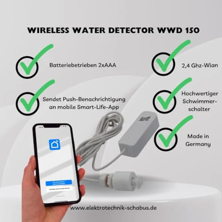SCHABUS WWD 150 Wireless Water Detector, Batteriebetriebener Wasserstand-Melder mit Smart-App, 2,4 GHz WLAN, Minischwimmerschalter, Erkennung ab 4 cm, ideal für Keller und Technikräume – Bild 2
