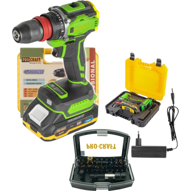 Procraft PA18PRO DFR-1B-C, Akku Bohrschrauber 20 V, 30 Nm, Brushless mit 1x 2,0 Ah Akku, Ladegerät, 32-tlg. Bit Set und Koffer