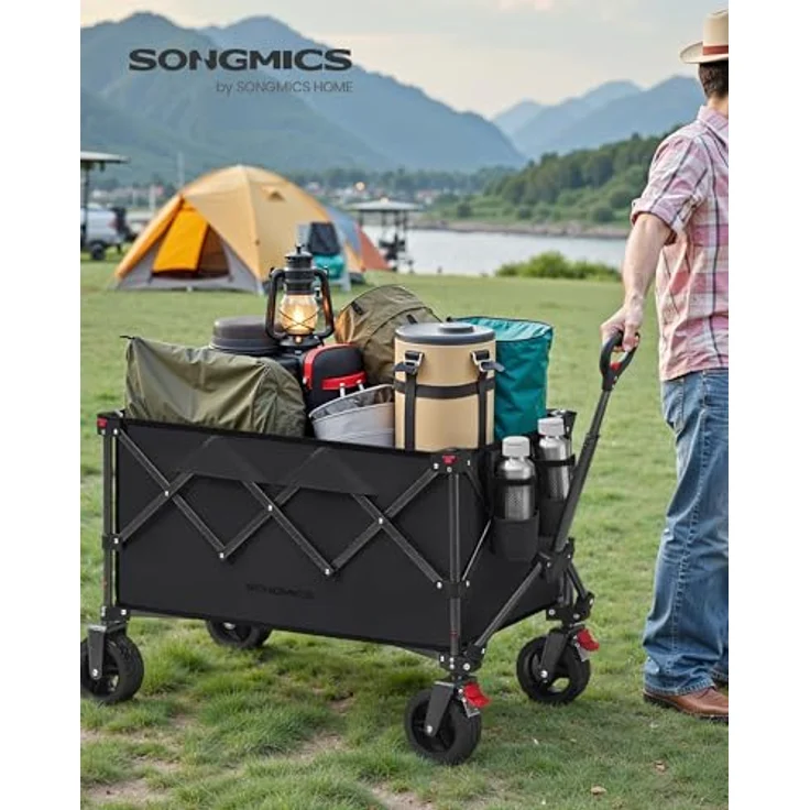 SONGMICS Faltbarer Handwagen, 150 L, bis 150 kg belastbar, schwarz, abnehmbarer Stoffbezug, 4 bewegliche Rollen mit Bremsen – Bild 2