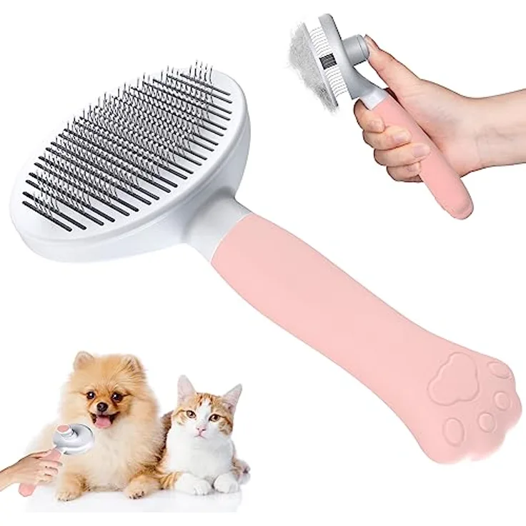 Zivacate Katzenbürste Hundebürste [Ergonomischer Griff & Ein-Klick-Reinigung] Groomi Werkzeug für kurz- & langhaarige Hunde/Katzen/Kaninchen, Unterwollbürste(Rosa)