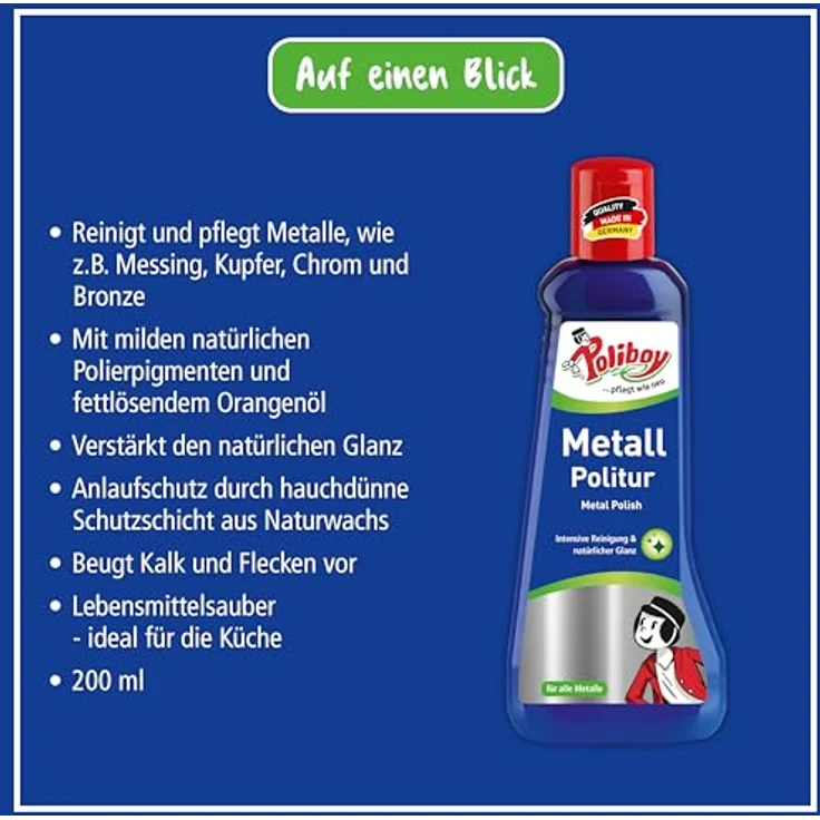 Poliboy - Metall Politur - Reinigung und Pflege von Metallen - mit Anlaufschutz - Einzeln - 200ml - Made in Germany – Bild 5