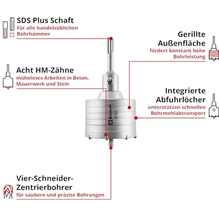 Einhell HM-Bohrer- und Bit-Set, 82 mm Hohlbohrkrone mit 8 Hartmetallzähnen, SDS-Plus-Schaft, inkl. Zentrierbohrer 8 mm – Bild 2