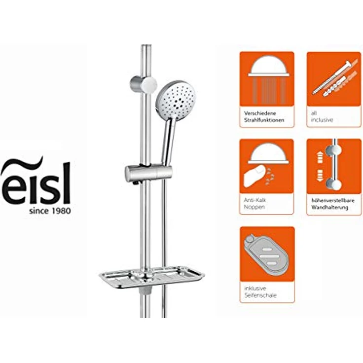 EISL DX7020CSB Duschset RIMINI ohne Armatur, Duschsäule mit Handbrause und Seifenschale, ideal zum Nachrüsten durch Nutzung vorhandener Bohrlöcher, komplettes Montageset, Chrom – Bild 2