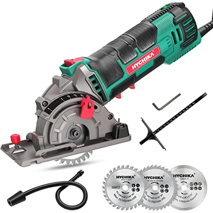 Mini Kreissäge, HYCHIKA Handkreissäge mit 3 Sägeblättern, Skalenlineal, 500W Motor aus reinem Kupfer, 4500RPM, Ideal für Holz-, Weichmetall-, Fliesen- und Kunststoffschnitte – Bild 1