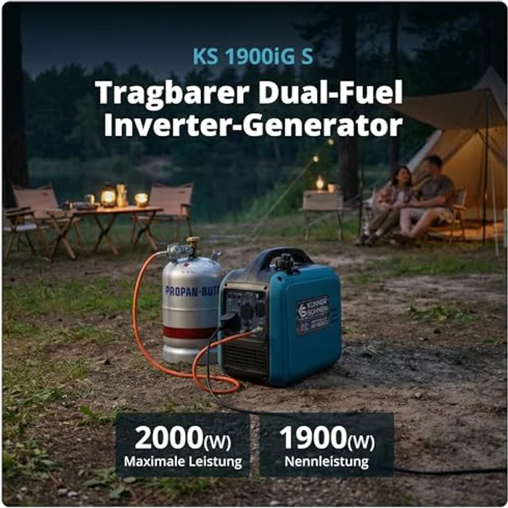 Könner & Söhnen KS 1900iG S, Inverter Benzin/Gas Generator, 17 kg, Dual-Fuel, stabile Sinuswelle, leiser Betrieb, Einsatzbereit mit Gasschlauch – Bild 2