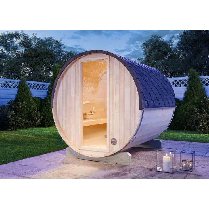 FinnTherm Fass-Sauna Mini S Fasssauna 2 Sitzbänke aus Holz Sauna Wandstärke 42 mm Außensauna