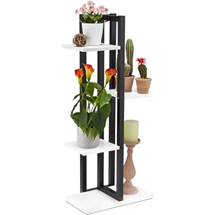 Relaxdays Blumenregal Metall, 4-stufige Indoor Blumentreppe, Holzoptik, HxBxT: 93 x 42,5 x 22,5 cm, Pflanzenregal, weiß – Bild 1