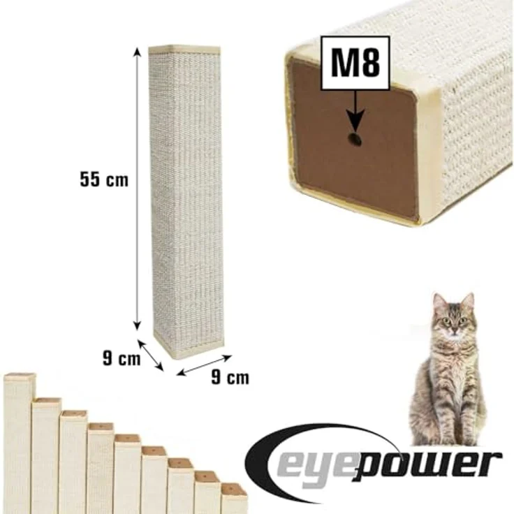 EYEPOWER 55 cm Pfotenfreund M8 Sisalstamm für Kratzbaum, 9 x 9 cm, 100% Sisal, stabile Kratzsäule, für einfaches Montieren ohne Schrauben – Bild 4
