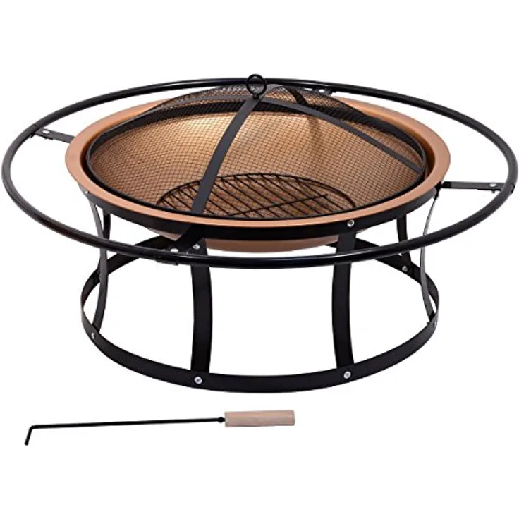 CATTARA Feuerschale für den Garten, 60cm rund mit Deckel, Rost und Schürhaken, hitzebeständiger Messing Anstrich, große Schale