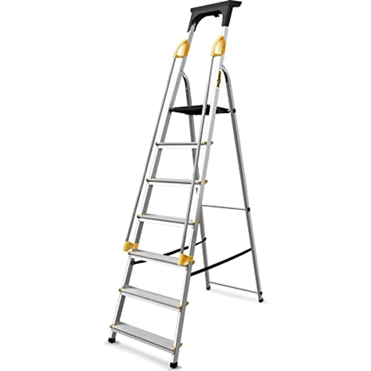 DRABEST Leiter PRO Serie Alutrittleiter 7 Stufen Leiter Tritt Klappbar mit Sicherheits Handläufen Stehleiter bis 150 kg belastbar