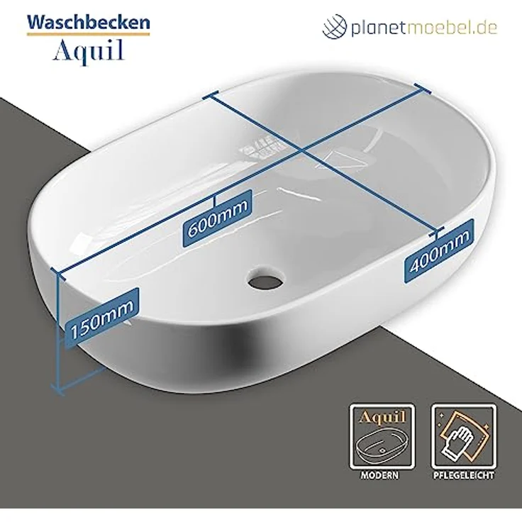 Planetmöbel Aquil Deluxe Waschbecken Oval | Aufsatzwaschbecken für Badezimmer und Gäste-WC | Handwaschbecken ohne Hahnloch und Überlauf | weiß, 60 x 40 x15 cm – Bild 2