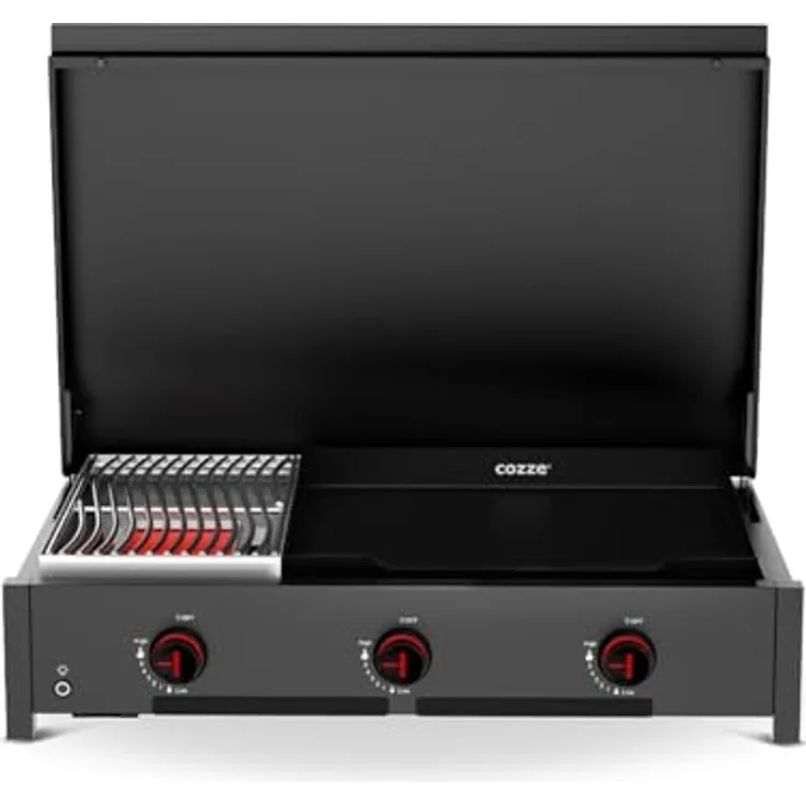 Cozze® Combo 900, 2-in-1 Gasgrill und Plancha in schwarz, 3 Brenner mit Deckel & Thermometer, Emaille-Gusseisen-Plancha-Griddle