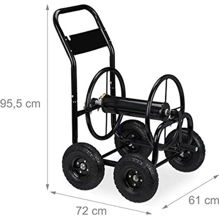 Relaxdays Schlauchwagen Metall, 1/2" & 3/4" Anschluss, fahrbare Schlauchtrommel, bis 75 m Schlauch, 4 Räder, schwarz – Bild 4
