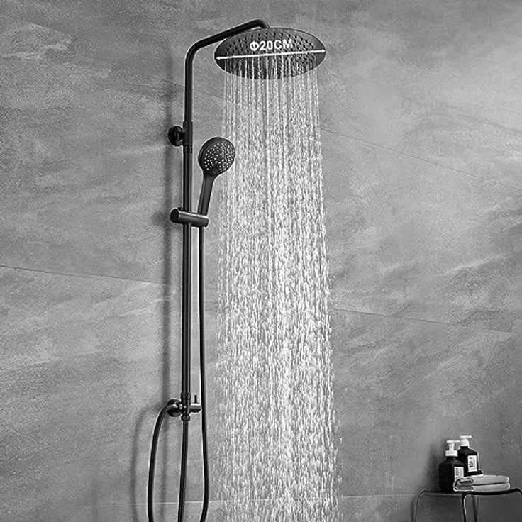 JOHO Edelstahl Duschsystem mit 20 cm Regendusche, Hochwertige Handbrause mit 3 Strahlarten, Schwarz – Bild 2
