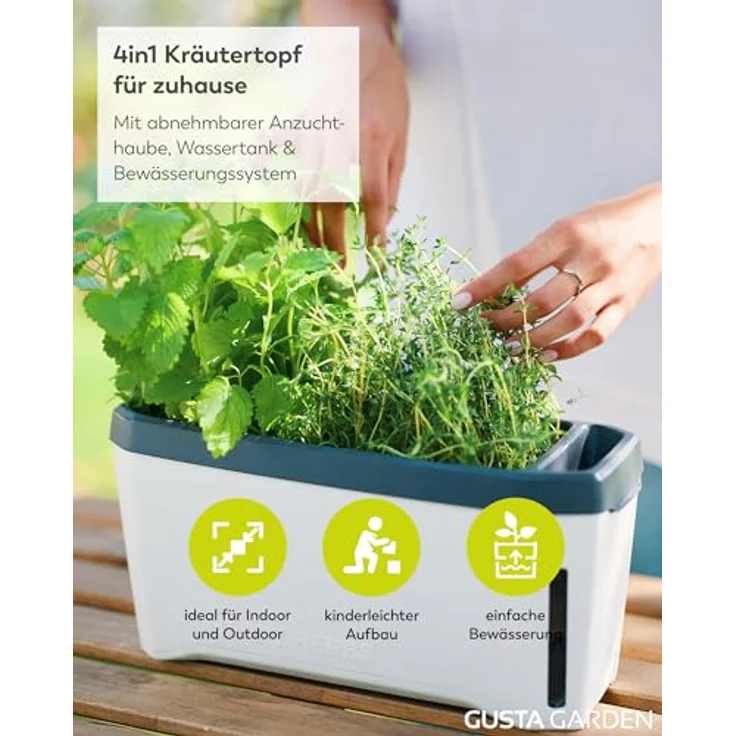 Gusta Garden Kräutertopf Harry Herbs mit integriertem Bewässerungssystem, 5,5 Liter, weiß – Bild 3