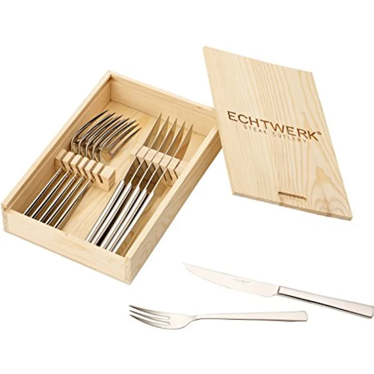 Echtwerk Steakbesteck "SARRE ", 12-teilig, Steakgabel, Steakmesser, Grillbesteck, Pizzabesteck, scharfe Messer, Edelstahl 18/10 poliert Inkl. Holzkassette Besteck Set, Edelstahl, 25.7x16.7x7.5 cm