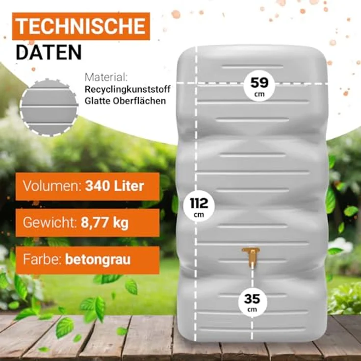 Garantia CUBUS Regentonne Komplett-Set 340 Liter betongrau - Umweltfreundliche Regenwassernutzung, modernes Design, praktische Wasserentnahme – Bild 3