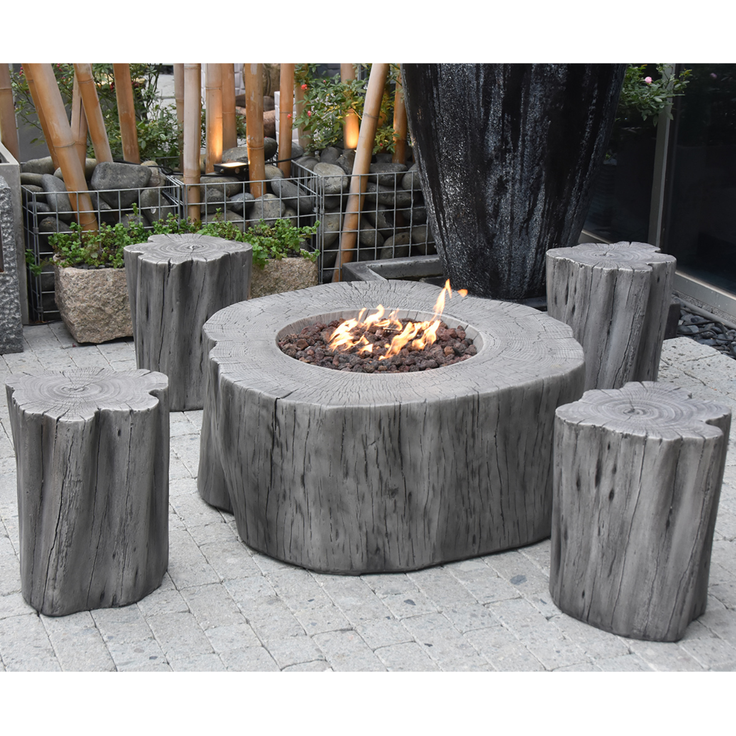 Elementi Gasfeuerstelle "Manchester", Lounge Set in grauer Baumstamm-Optik mit 4 Hockern und Flammen-Regler