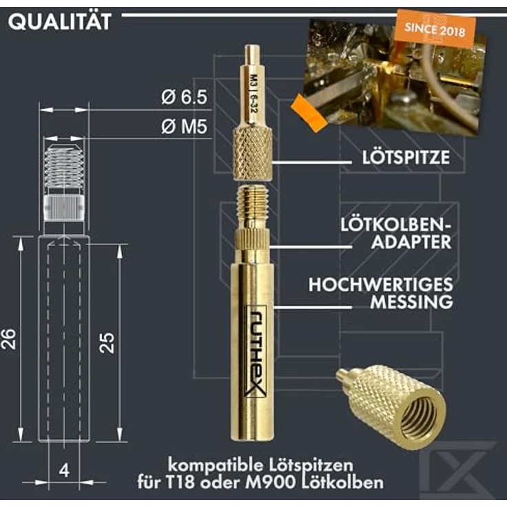 ruthex 7x Lötspitzen/Einschmelzhilfe Set, Lötkolbenspitzen für M2 bis M8 Gewindeeinsätze mit Adapter 900M/T18, schnelles Wechseln, präzise Geometrie, kompatibel mit vielen Lötkolben – Bild 2