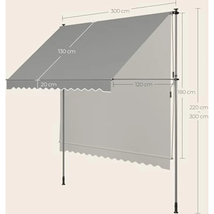 SONGMICS Klemmmarkise, Balkonmarkise mit Handkurbel, höhenverstellbar, Sonnenschutz, 300 x 120 cm, grau – Bild 5