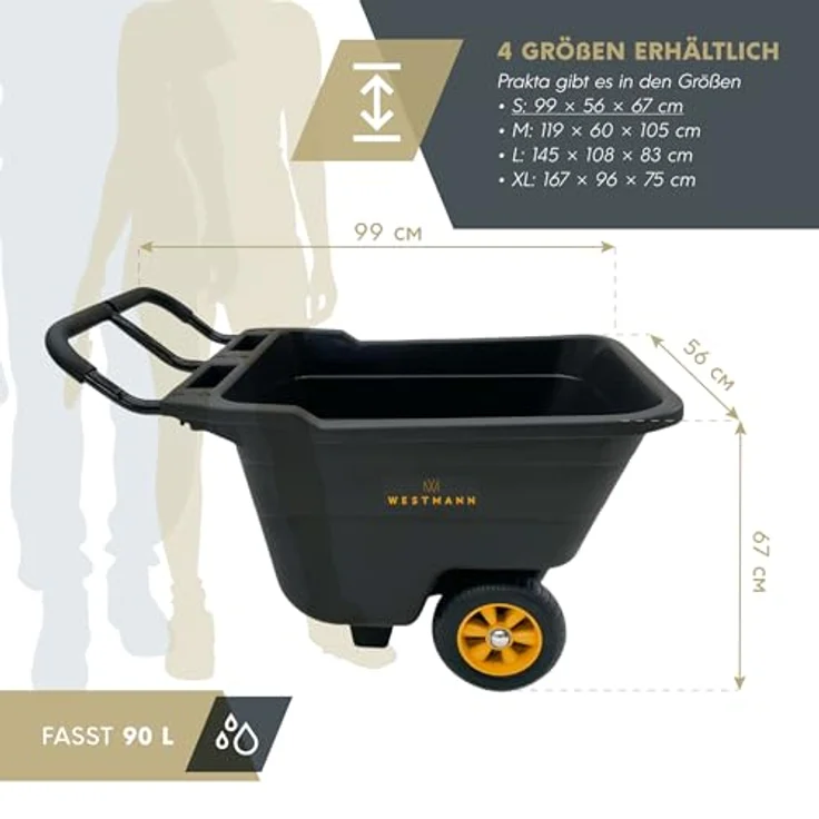 Westmann Prakta S Schubkarre, Kunststoffwanne mit Stahlrahmen, 90 L, Traglast 150 kg, Luftreifen und Kippfunktion – Bild 2