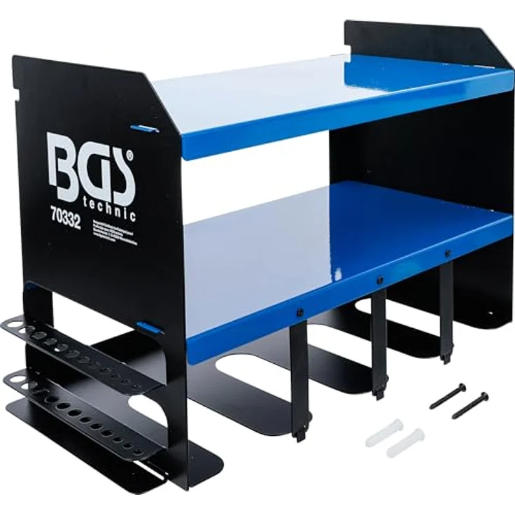 BGS Werkzeug-Wandregal für Akku-Werkzeuge, 2 Ablagen und 4 Werkzeughalter, platzsparende Wandmontage, 430 x 230 x 305 mm – Bild 1