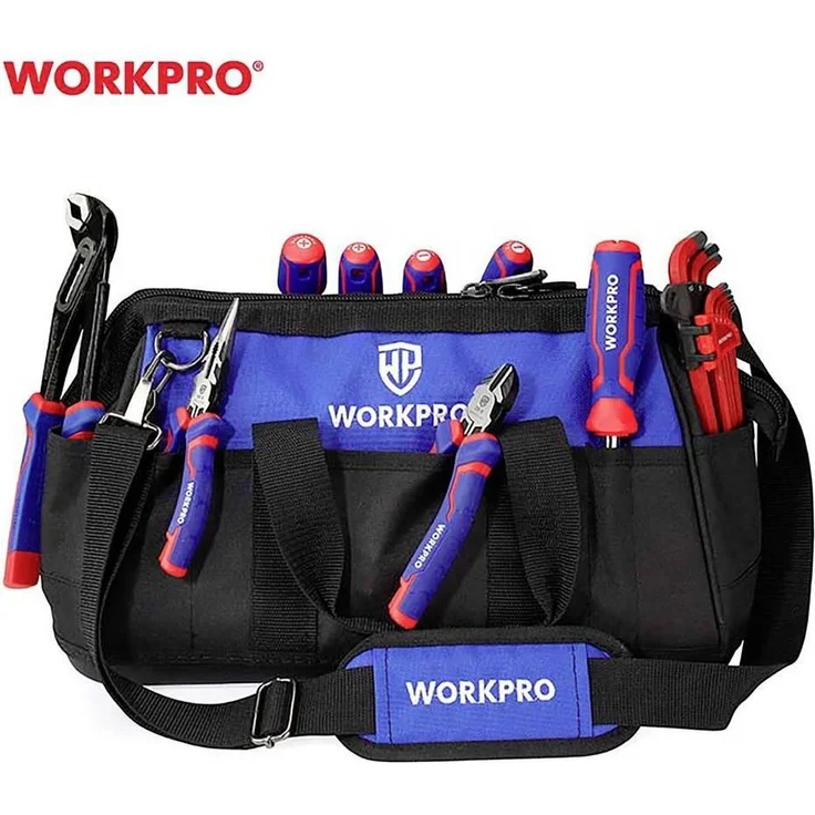 Workpro WP281007 Werkzeugtasche unbestückt, Aufbewahrungslösung für Handwerkzeuge, 410 x 230 x 270 mm, verstellbarer Gurt, Schaumstoffboden, äußere Netztasche