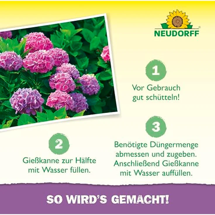 Neudorff Azet HortensienDünger, Bio Blumendünger 1L für 200L Gießwasser, 100 % organisch und vegan, hoher Kaliumgehalt mit Extra Eisen für prächtig blühende Hortensien – Bild 5