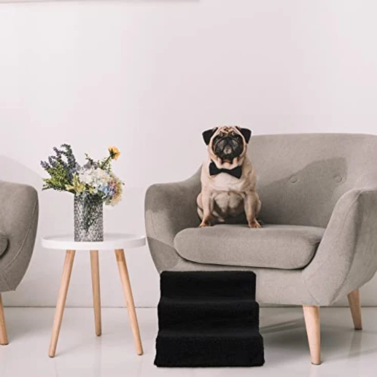 Relaxdays Hundetreppe 3 Stufen, kleine & große Hunde, Bett & Couch, Stoffbezug, Tiertreppe innen, HBT: 30x35x45 cm, weiß – Bild 3