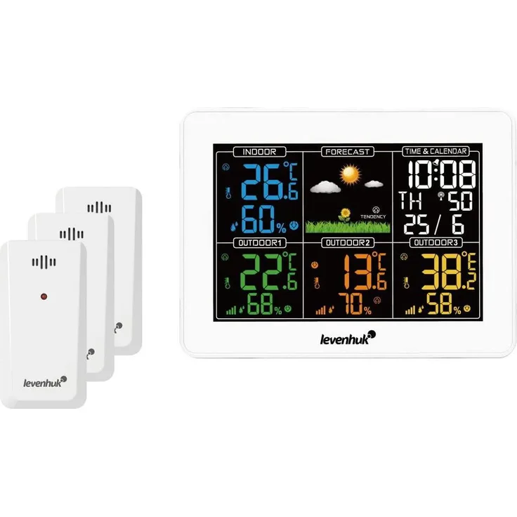 Discovery Levenhuk Wezzer PLUS LP60 Wetterstation, Wetterstation mit 3 drahtlosen Fernsensoren, farbigem LCD-Display und integrierter Wettervorhersage, Schwarz