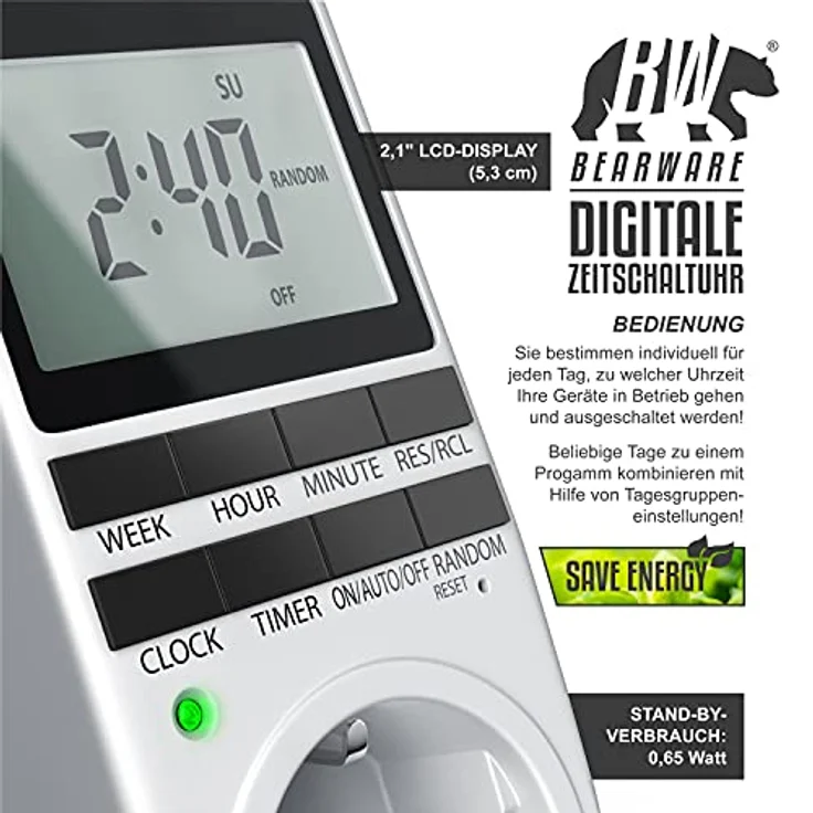 CSL - Zeitschaltuhr digital - 2,1 LCD-Display 5,3 cm - 3680W - Digital-Zeitschaltuhr mit 10 konfigurierbaren Programmen - Back-Up Reserve-Akku - Zufallsschaltung - integrierter Berührungsschutz – Bild 5