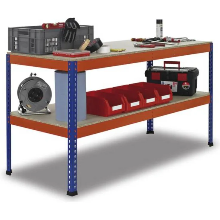 SCHULTE Lagertechnik 18000-A6 Werkbank, Holzplatte, 320 kg Traglast, Stahlgestell blau/orange, 1536 x 990 x 1230 mm