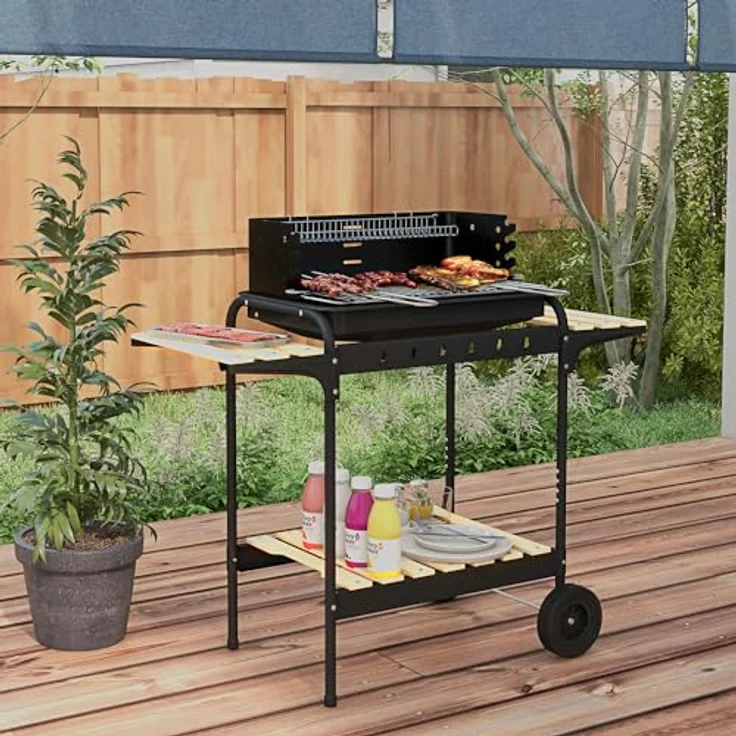 Outsunny Holzkohlegrill aus Metall BBQ Smoker mit Räder, höhenverstellbar Grillrost, Holzablage, 103x47x95 cm – Bild 2