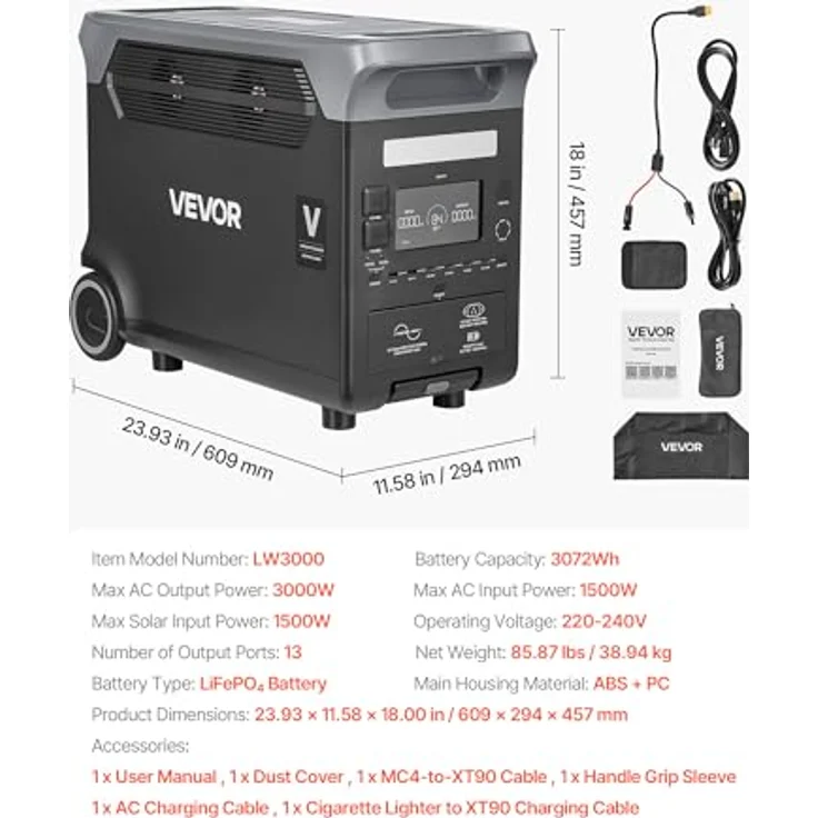 VEVOR Tragbare Powerstation LW3000, 3000W Solargenerator mit 3072Wh LiFePO4 Akku und 13 Ausgangsanschlüssen für Notfälle, Camping und Wohnmobilreisen – Bild 7